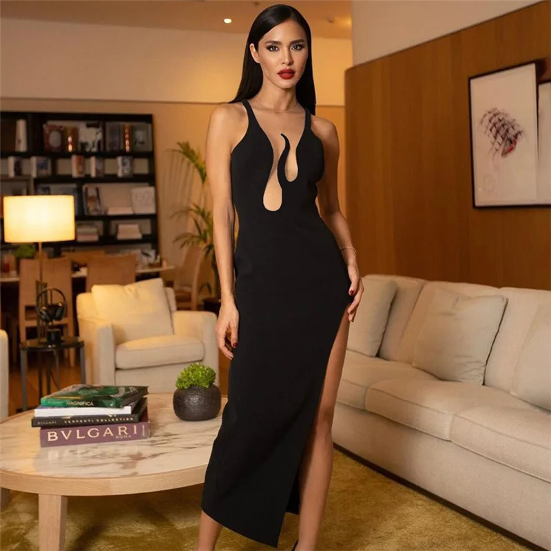 

European And American Style 2023 Summer New Women's Fashion Round Neck Sleeveless Slim Fit Split Hip Wrap Dress