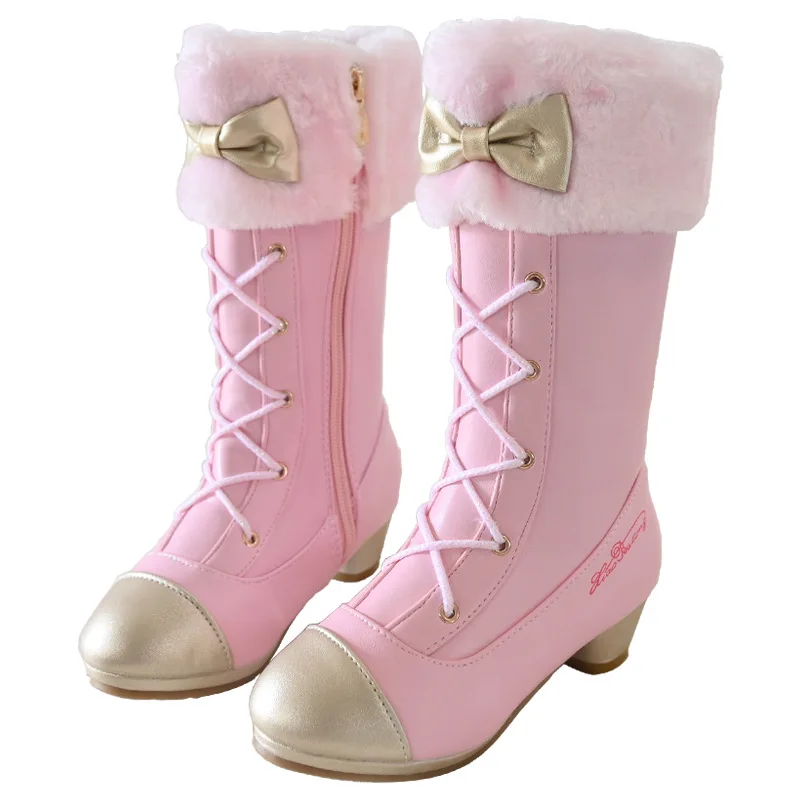 

Girls Botas Kids Princess Snow Boots Children Winter Boot Fashion Bow Plush Warm High Heel Boots Soft Leather Waterproof Shoes