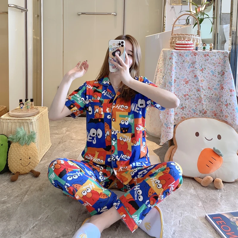 

Summer Pajamas Women's Short-Sleeved Trousers Cardigan Korean Style Sweet and Fresh Student Homewear Short Long Suit Red Fashion