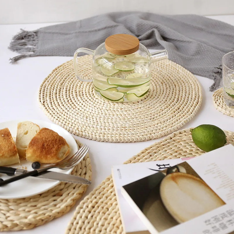 Round Rattan Placemats Corn Bale Weaving Table Mat Hand Weave Cushion Insulation Cup Coasters Straw Bowl |