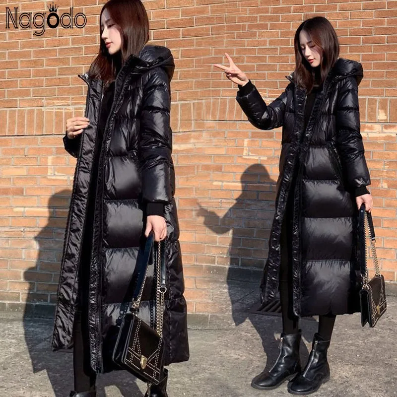 

Nagodo Winter Black Long Coat Women 2022 warm Cotton padded Parka Jacket windproof Loose Knee length Bubble OverCoat M-4XL