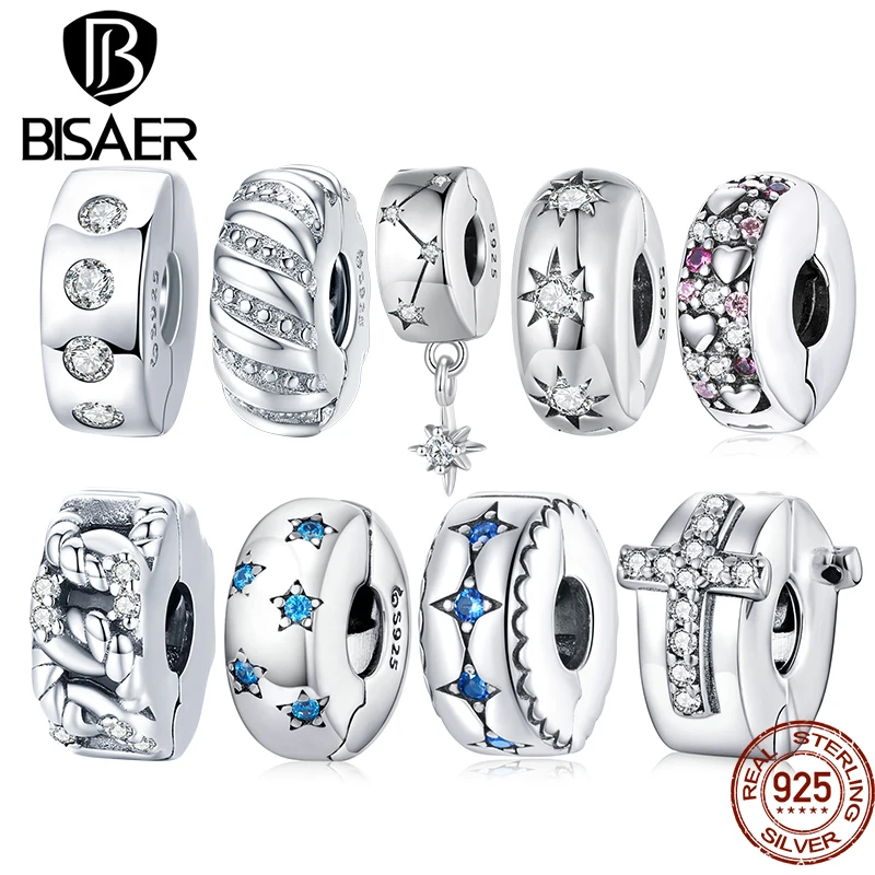 

BISAER 925 Sterling Silver Openable Clip Spacer Charm Fit Women DIY Bracelet Lock Stopper Bead Plated Platinum Fine Jewelry Gift