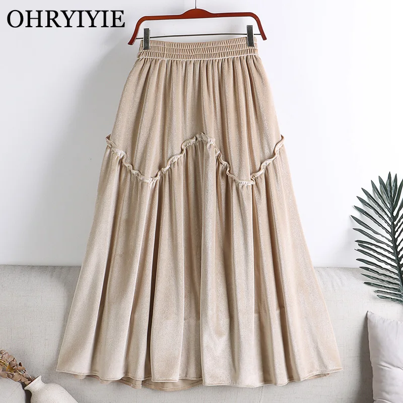 

Beige Brown Thick Velvet Patchwork A-Line Skirt Women 2022 New Autumn Winter Korean Solid Color Mid Long High Waist Skirt Female