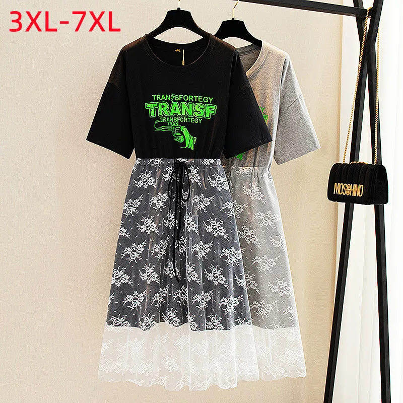 

New 2022 Summer Plus Size Dress For Women Large Loose Short Sleeve Black Cotton Gauze Print Midi Dress 3XL 4XL 5XL 6XL 7XL