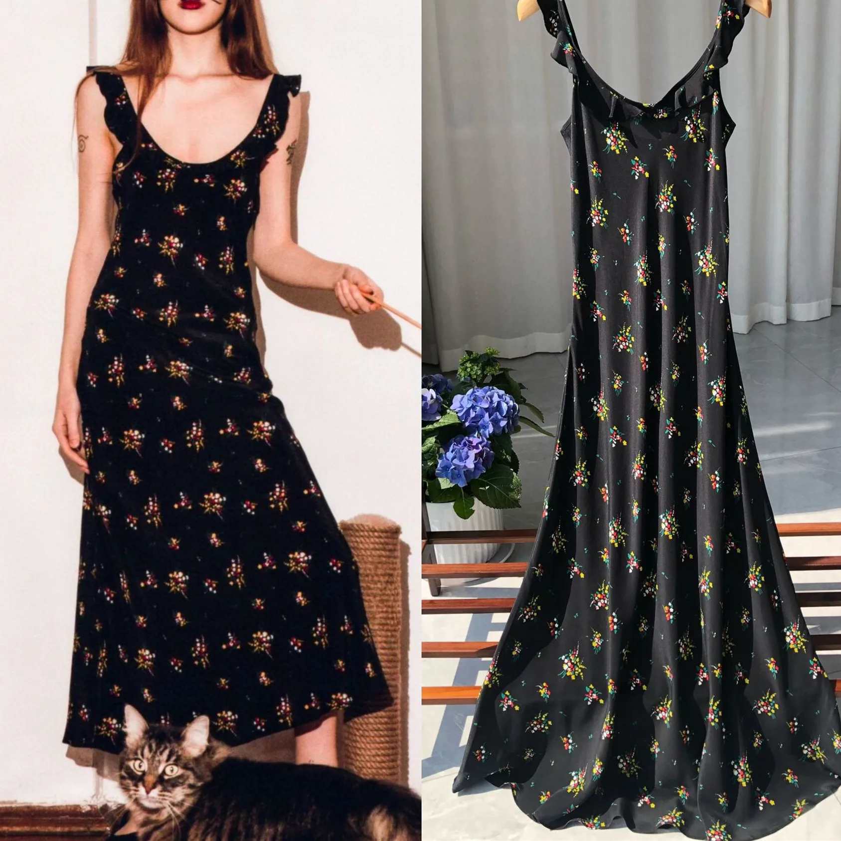 

Floral Print Sling Dress for Women Flying Sleeve Sexy 100% Silk Sleeveless Female Off-shoulder Summer 2023 Maxi Robe