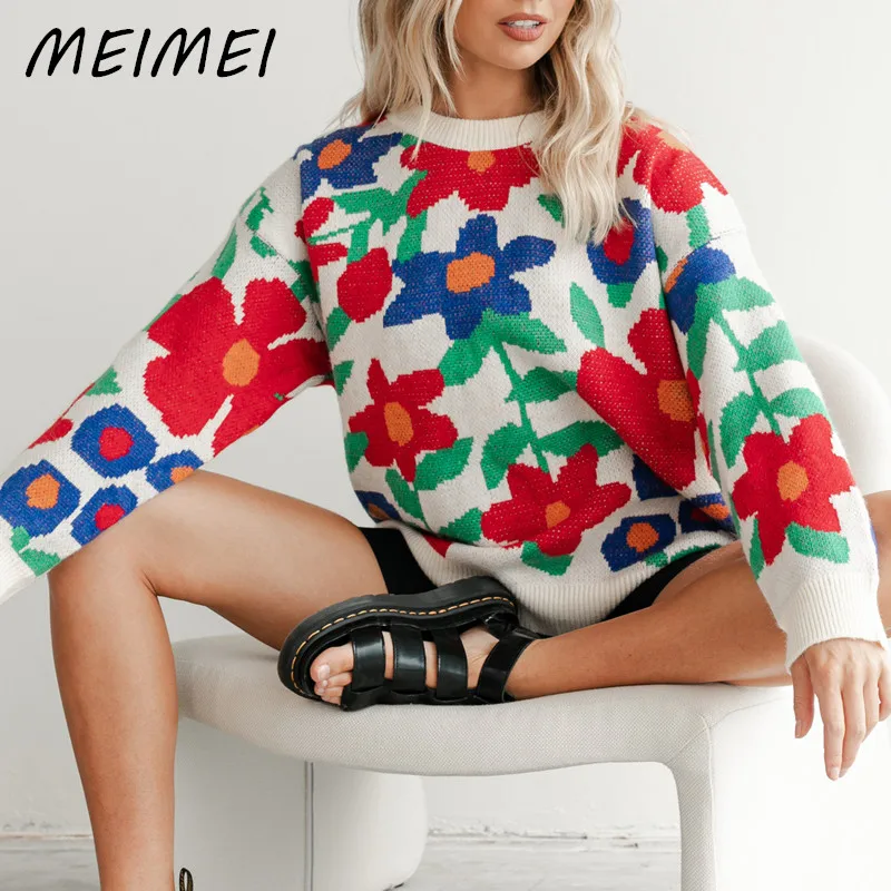 

Женская осенне-зимняя модная толстовка с круглым вырезом и длинным рукавом, Женский Повседневный свободный жаккардовый вязаный пуловер