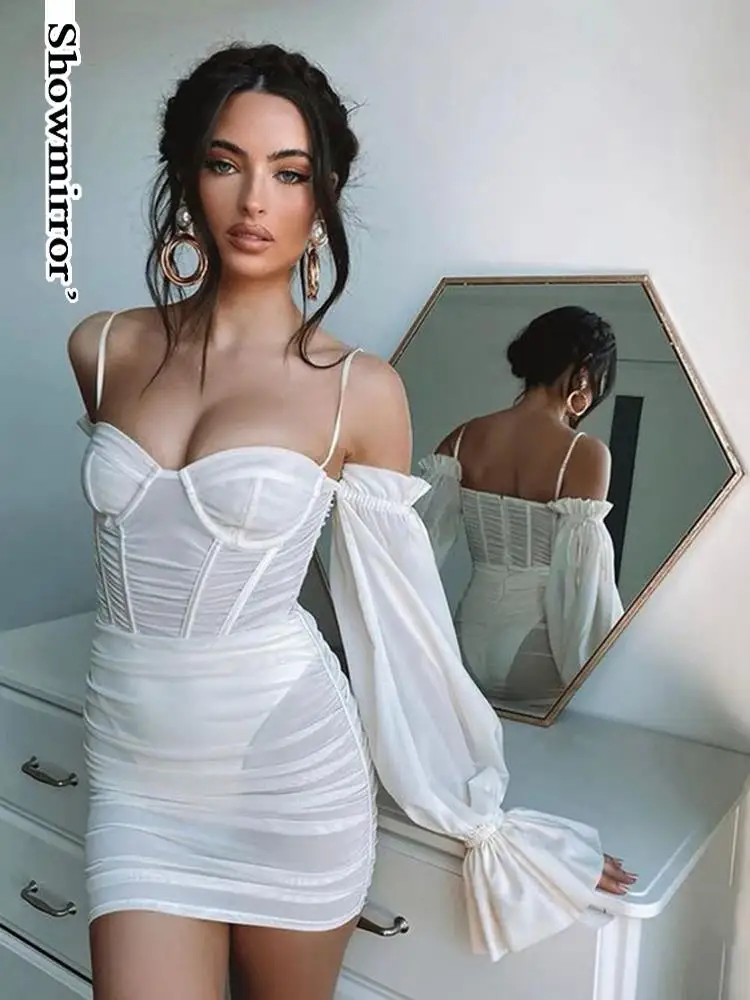 

Showmirror Off Shoulder Elegant Mesh See Through Ruched Mini Dress Women Sexy Backless Sleeveless Club Party Dresses Vestido