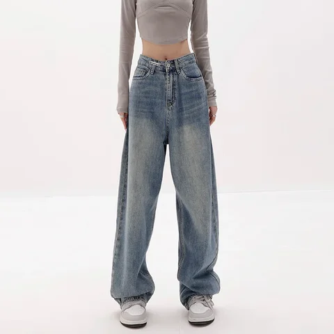 Мешковатые джинсы, женские джинсы с завышенной талией, Широкие джинсовые брюки, свободные брюки желтого, синего цвета, 2024, Корейская Повседневная Уличная мода Y2K