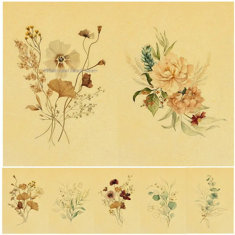 

Vintage Boho Watercolor Wildflower Green Leaves Posters Kraft Painting Wall Art Print Picture for Living Room Bedroom Decor