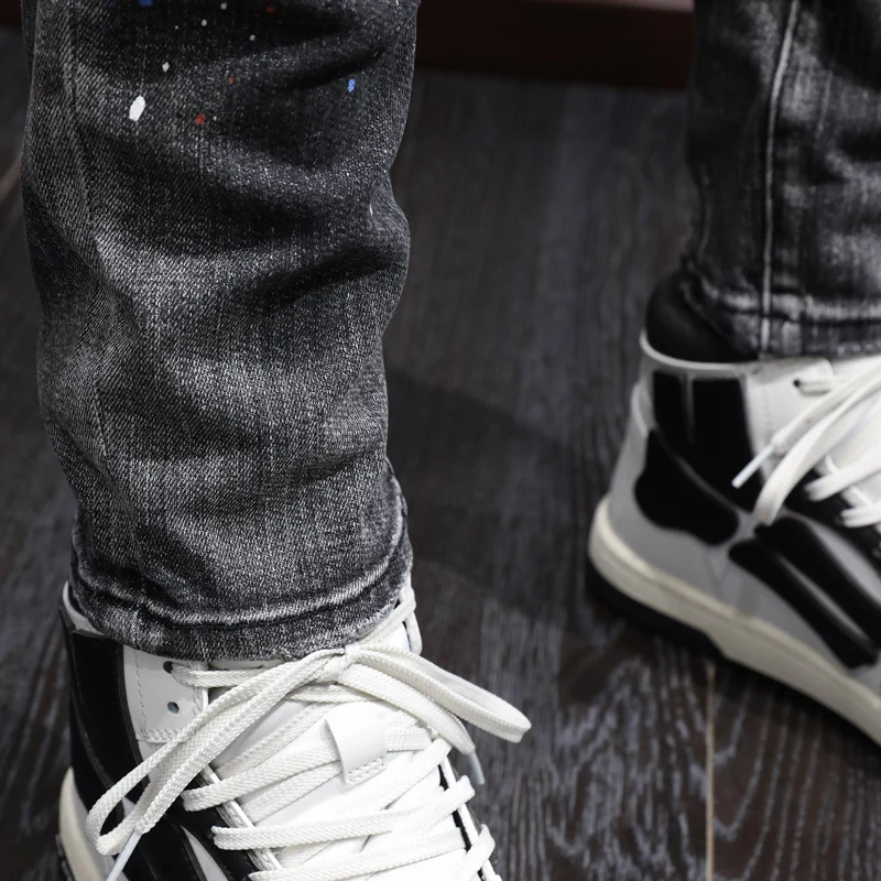 Модные дизайнерские мужские черные серые джинсы потертые эластичные облегающие