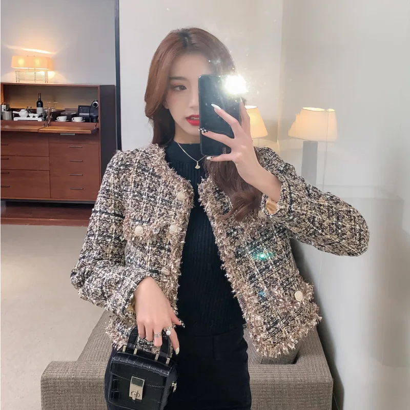 

New Autumn Winter Vintage Tweed Jacket Coat Women Small Fragrance Patchwork Korean Woollen Cropped Coats Elegant Short Outerwear