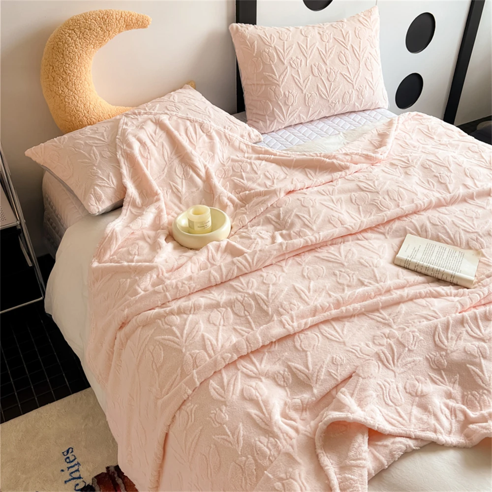 Женское жаккардовое одеяло с розовым тюльпаном мягкое теплое удобное Флисовое