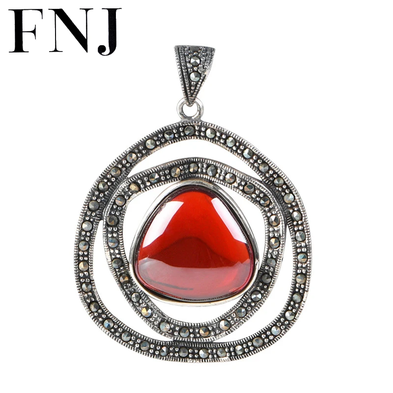 

FNJ 925 Silver MARCASITE Pendant Original Pure S925 Silver Pendants for Jewelry Making Women Red Zircon Heart