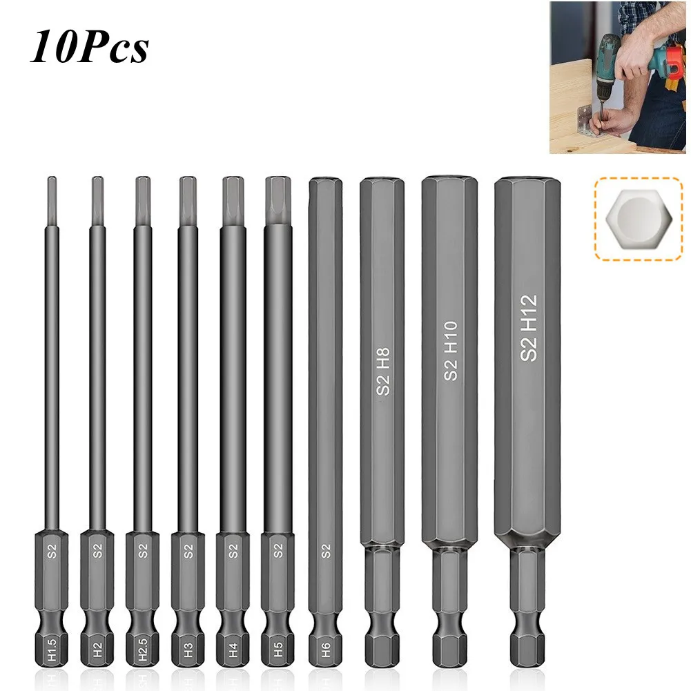 

10 шт., 1,5-10 мм, 1/4 дюйма, шестигранный ключ, отвертка, набор сверл, магнитный наконечник, 100 мм, S2, стальная метрическая шестигранная отвертка
