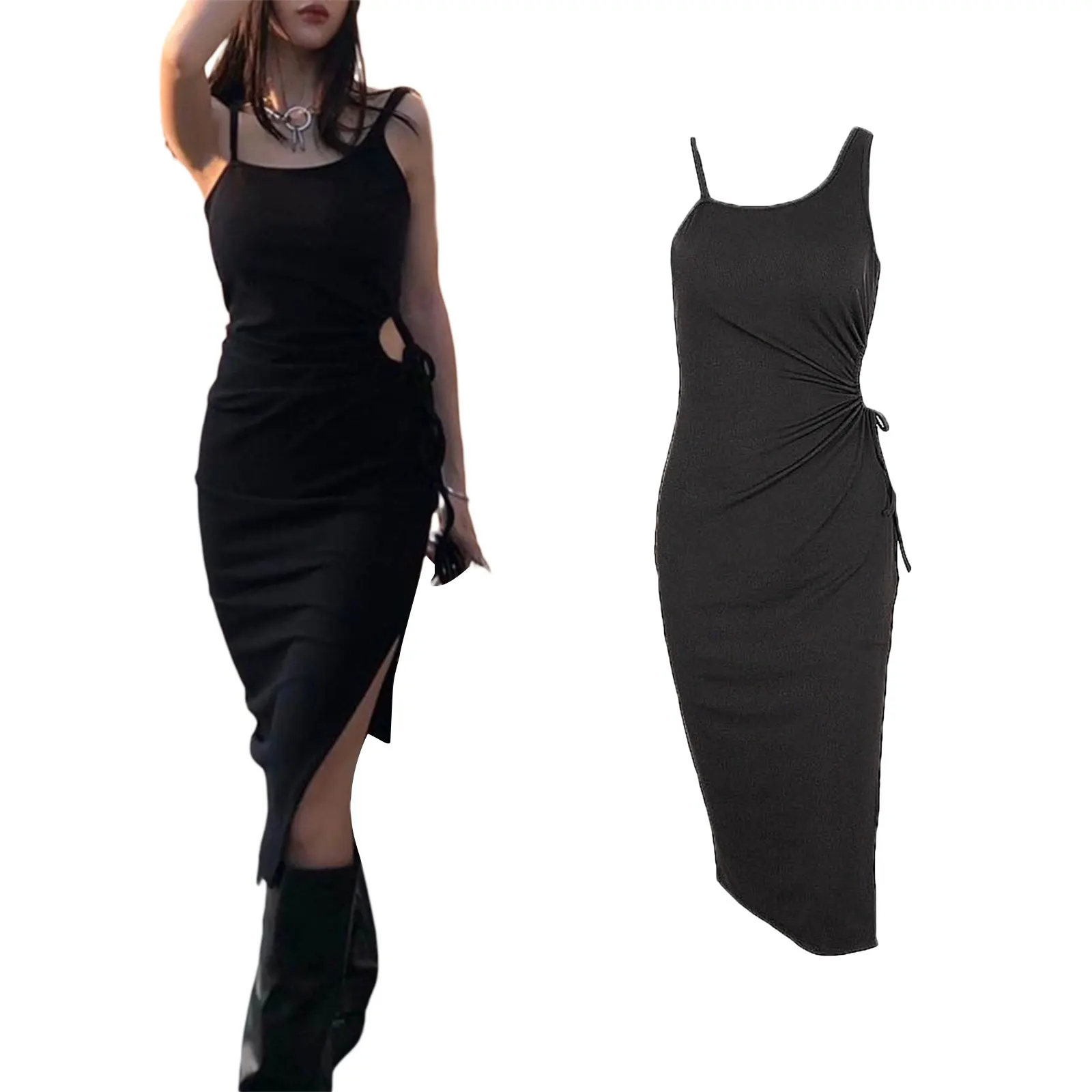 

Женское платье kayojuta, летнее Сексуальное Женское Платье на шнуровке с завязками, черное сексуальное женское Плиссированное Платье, обтягива...