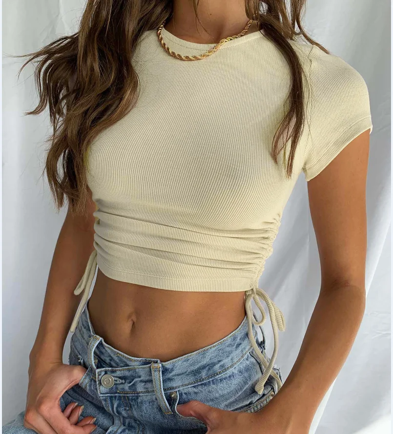 

2022 Summer Multicolor Cropped Top Cotton Round Neck Sleeve Drawstring Tie High Waist Slim Fit Short Sports Women's T-Shirt