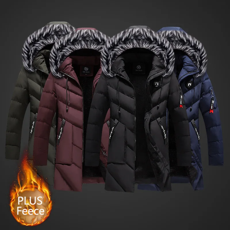 Men Fashion Winter Jackets Fur Warm Thick Cotton Multi-pocket Hooded Fleece Warm Parkas Mens Casual Coats Windbreaker Overcoat