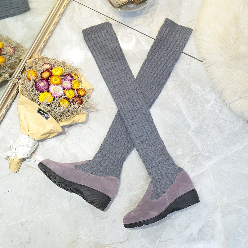 

New Women Winter Over-The-Knee Boots Fashion Woolen Yarn knitting Elastic Boots Lnner Hight Lncreased Warm High Snow Boots