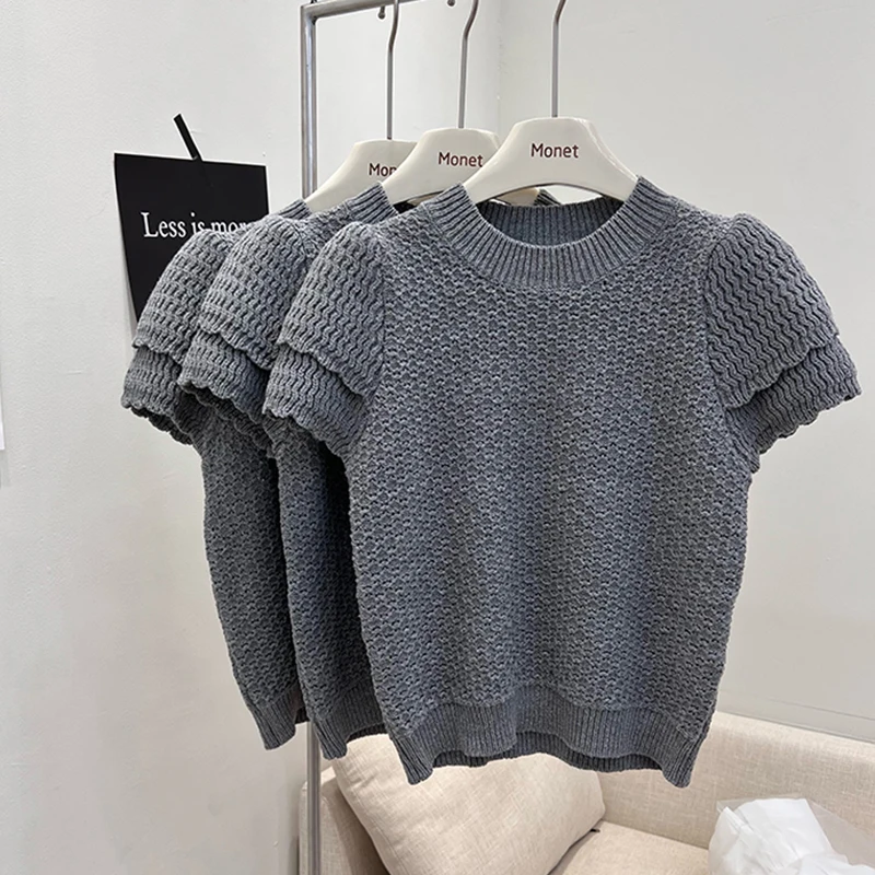 

Chic Korean Ruffles Short Sleeve Sweater Women Spring Summer O Neck Knitted Tops Pullovers Sweater Elegant Jumpers