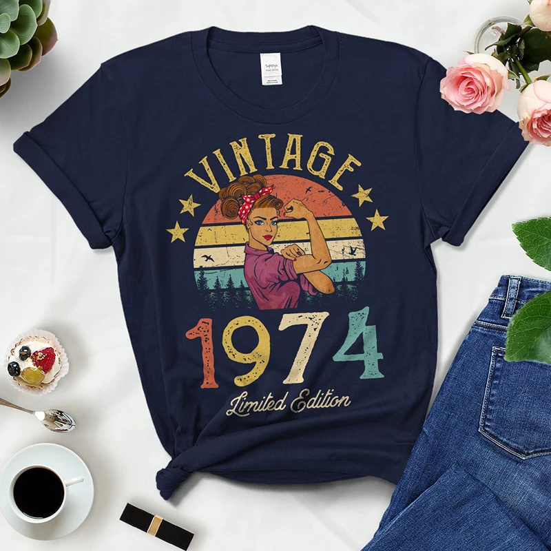Vintage 1974 Limited Edition Woman Tshirts Retro 48th 48 Years Old Birthday Party Gift Ladies T Shirts Summer Women Fashion Top