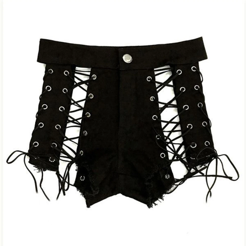 2022 New Women Sexy High Waist Hollow Out Bandage Denim Ripped Short Jeans Mini Skinny Club DJ Dance White Black