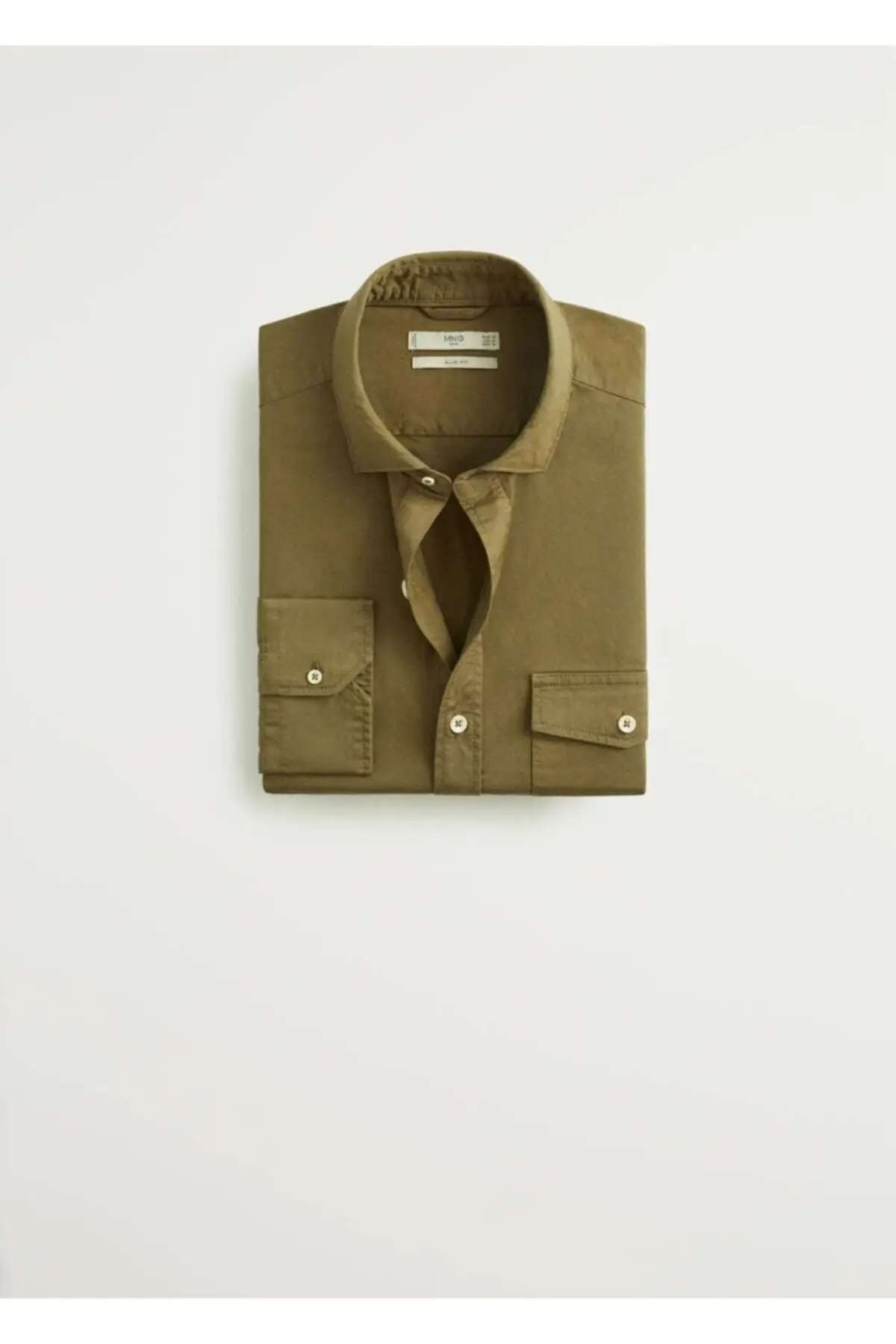 

Мужская джинсовая рубашка цвета хаки с узким вырезом