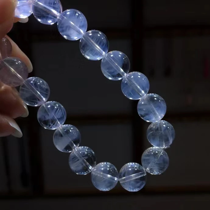 

Natural Blue Feather Needle Rutilated Quartz Angel Bracelet 11.2mm Clear Angel Round Beads Pyramid Women Men Stretch AAAAAA