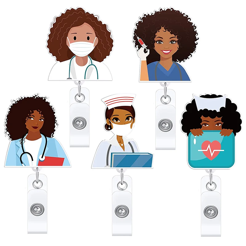 

1Pcs Pretty Black Girl Doctors & Nurses 360° Rotation Retractable Badge Reel Nurse Card Holder Exhibition Enfermera Name Card