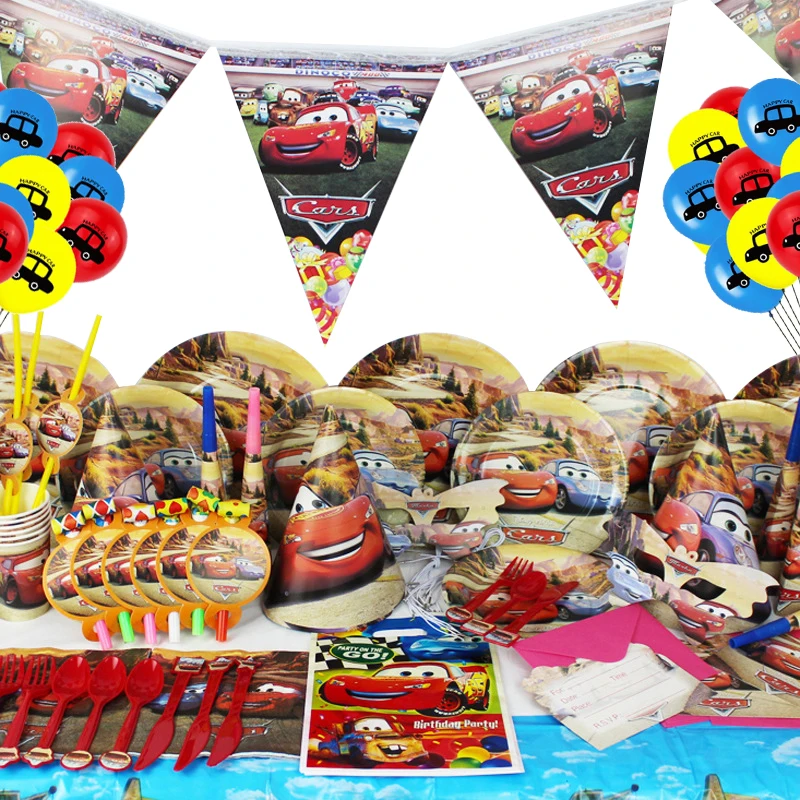 

Disney Cars Lightning Mcqueen Theme Birthday Party Supplies Christmas Decoration Disposable Tableware Tablecloth Straws Flag Cup