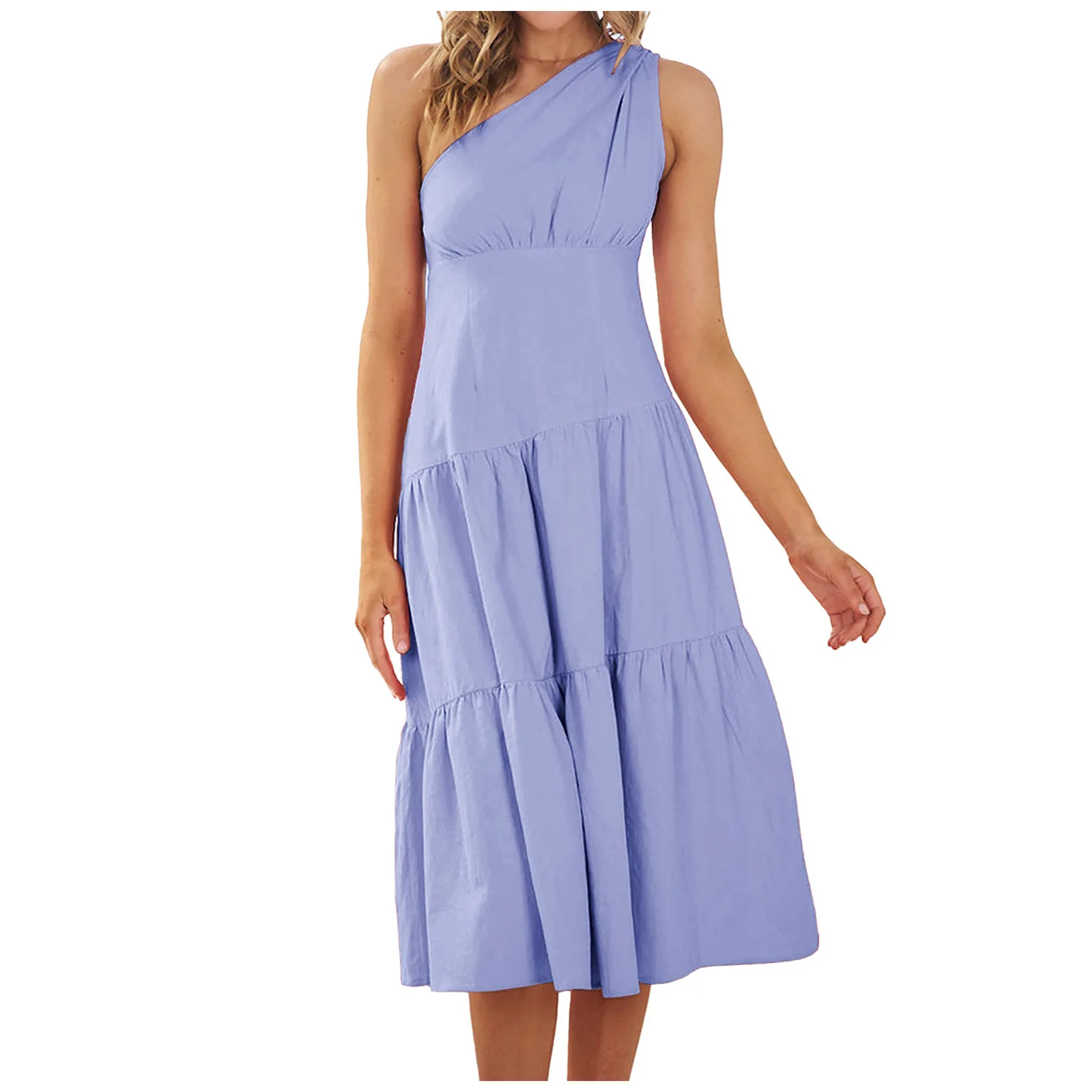 

Summer Pleated Dresses for Women One Shoulder Solid Color Casual A-Line Dress Elegant Ladies Sexy Sleeveless Ruffles Party Dress