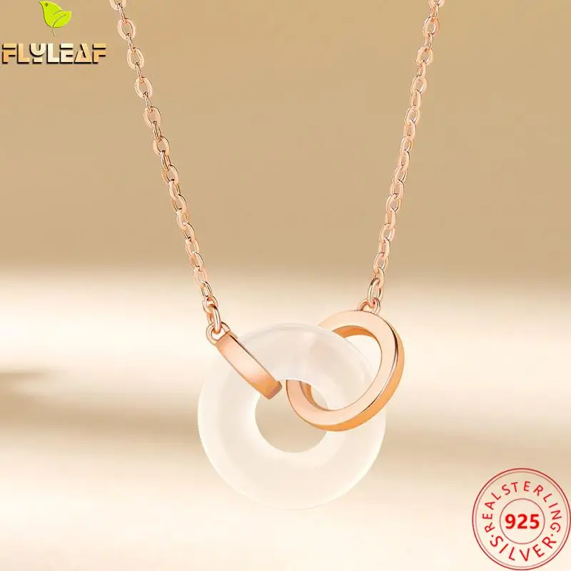 

Real 925 Sterling Silver Jewelry Chalcedony Double Circle Pendant Necklace Women Rose Gold Plating Femme Luxury Accessories 2022