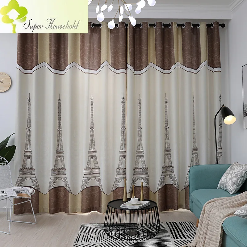 

European Iron Tower Flax Fabric Curtains for Children's Bedroom Kids Room Tulle Window Treatments Curtain for Living Room