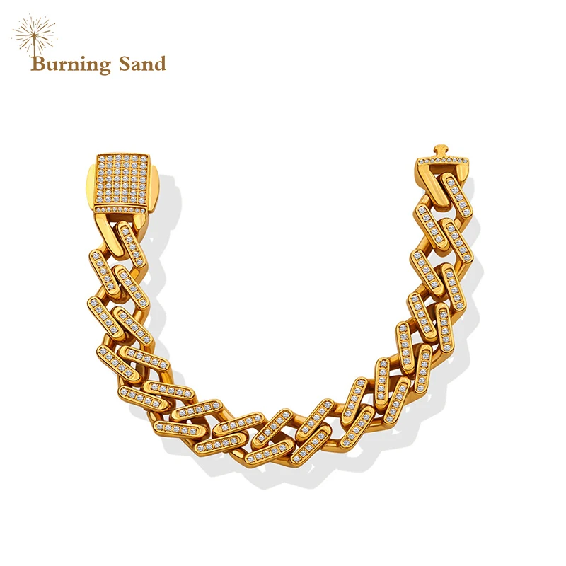

Fashion Trend Light Luxury Zircon Couple Bracelet Titanium Steel 18K Gold Plated Belt Diamond Cuban Chain Jewelry for Women Men