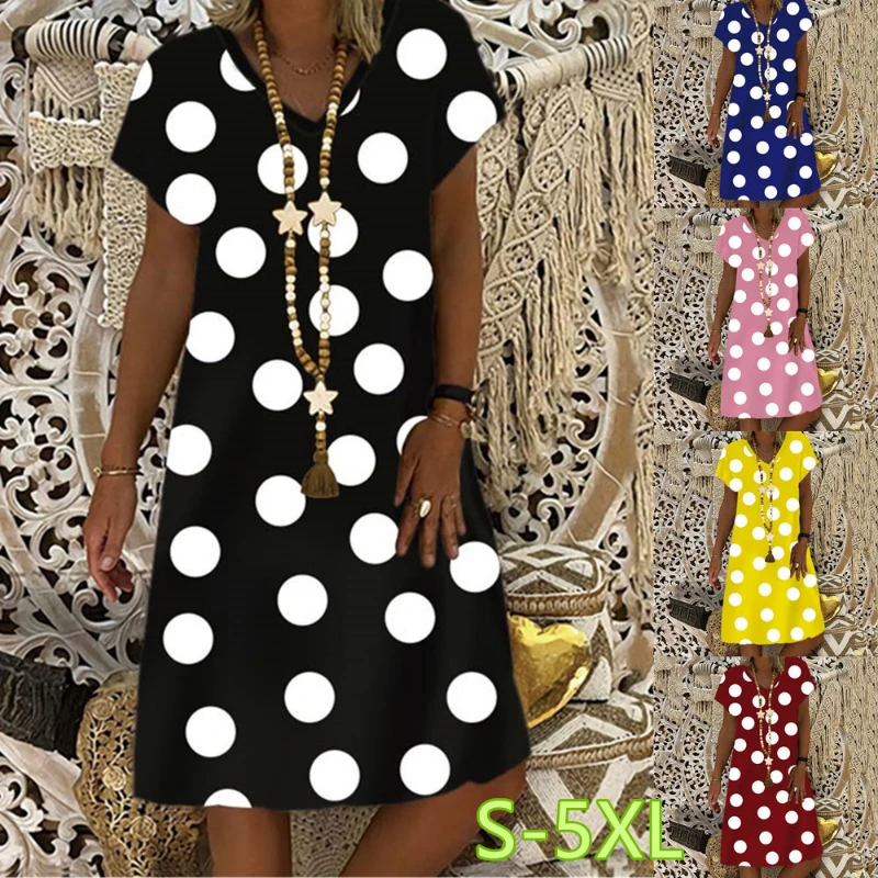 

2022 Spring/Summer Women's Polka Dot Print Knee-Length Short Sleeve Shift Dress Casual V-Neck Skirt Black Blue