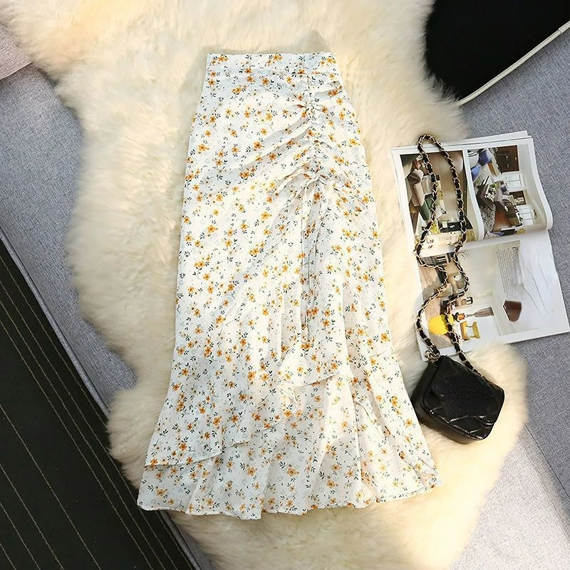 Summer Faldas Mujer Moda 2023 High Waist Slim Flower Print Midi Skirts Pleated Irregular Drawstring Design Sense Mermaid Jupe