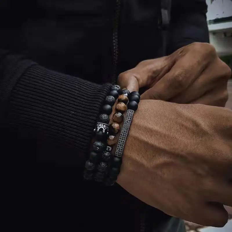 

Vintage Crown Three-piece Bracelet Punk Frosted Stone Lava Stone Tiger Eye Long Strip Diamond Hand-Beaded Men's High-end Jewelry