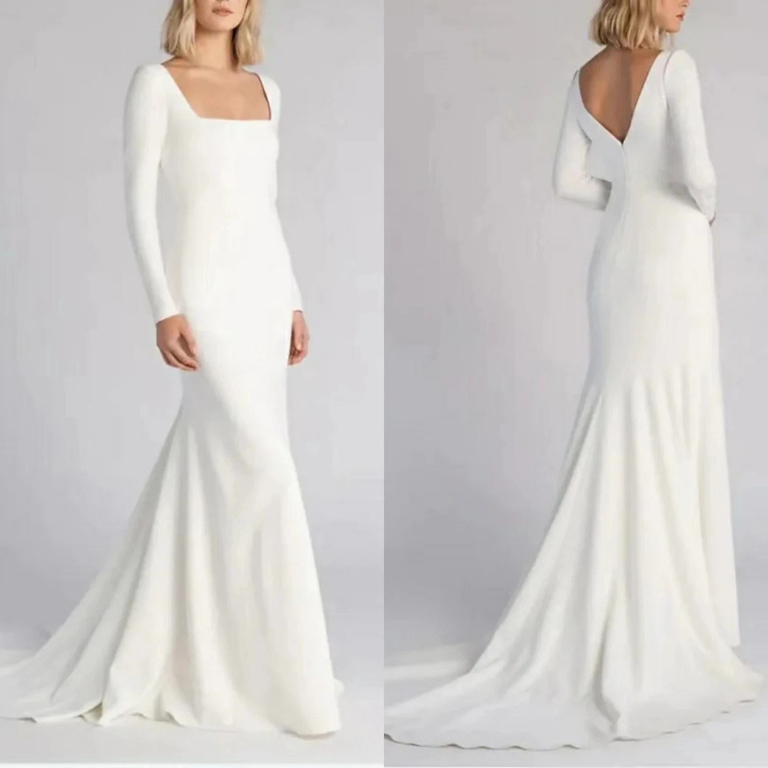 

Женское свадебное платье с юбкой годе, элегантное платье из крепа с длинным рукавом и шлейфом, прямоугольное хлопковое платье с пуговицами для свадьбы