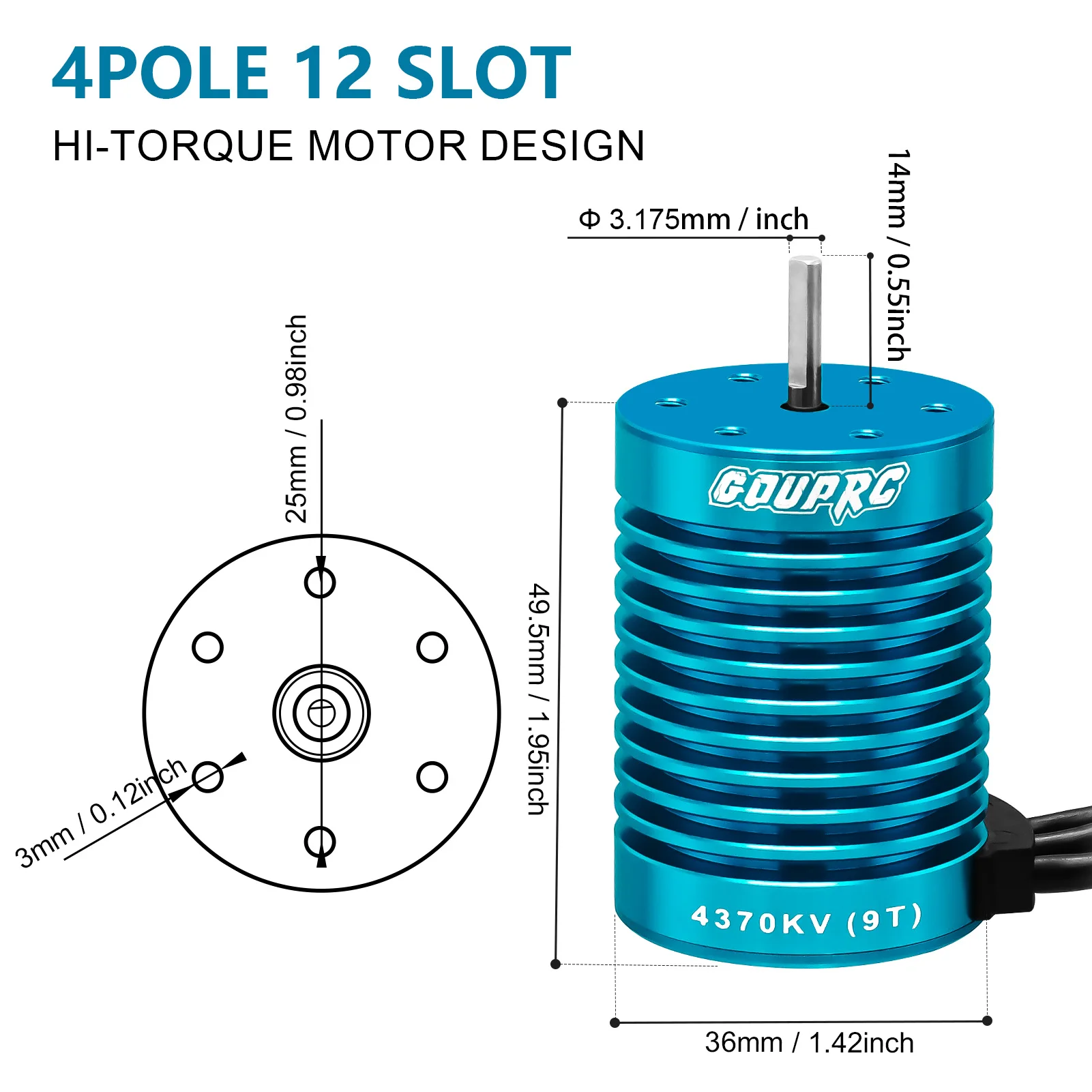 Фото GOUPRC S3650 9T 4370KV Бесщеточный двигатель, вал 3,175 мм для 1/10 RC автомобиля, грузовика, лодки №2