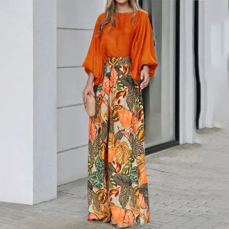 

LUOYIYANG Printed Casual 2 Piece Sets Womens Outfits Loose Suit Lantern Sleeves Top Wide Leg Pants Fashion 2023 Clothing