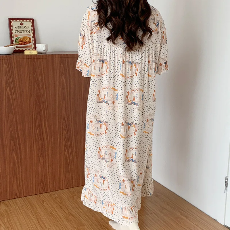 One-Piece Extended Women's Nightdress Clothes Round Neck Casual Ventilation Summer Home Art Dress Plus Size 5/4 Sleeve Korean