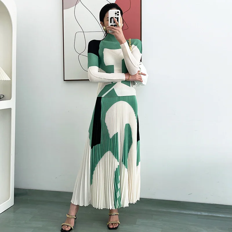 

Женское плиссированное платье миаке, элегантная юбка с длинным рукавом и принтом в японском стиле, 2023