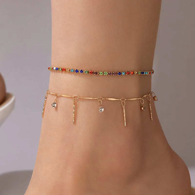 

Fashion Colorful Crystal Inlay Double Layer Anklets Summer Beach Foot Jewelry 2023 For Women Trendy Charm Anklet Foot Jewelry