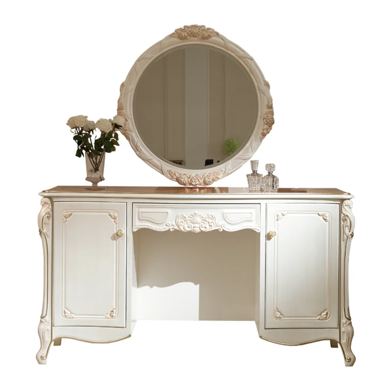 

Versailles French dressing table open solid wood European furniture pearly white palace style bedroom makeup table
