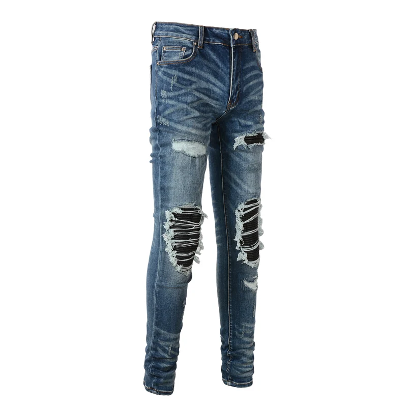 Street Fashion Men Jeans Retro Blue Elastic Slim Fit Ripped Jeans Men Destroyed Hole Trousers Patch Designer Brand Hip Hop Pants