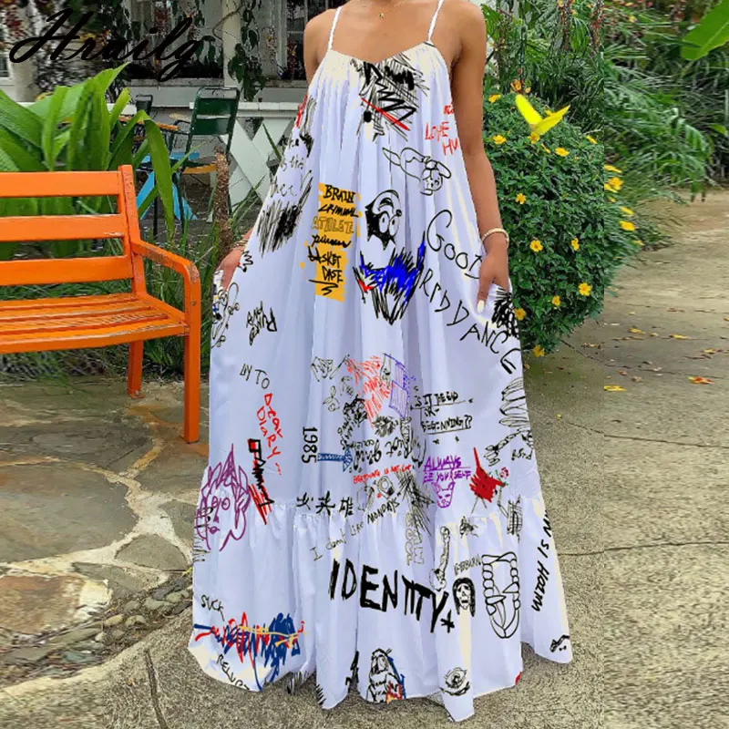 

Summer Women Fashion Pocket Loose Sexy Elegant Strap Vintage Robe Vintage Bohemia Slip Dresses Printing Maxi Dress Oversize