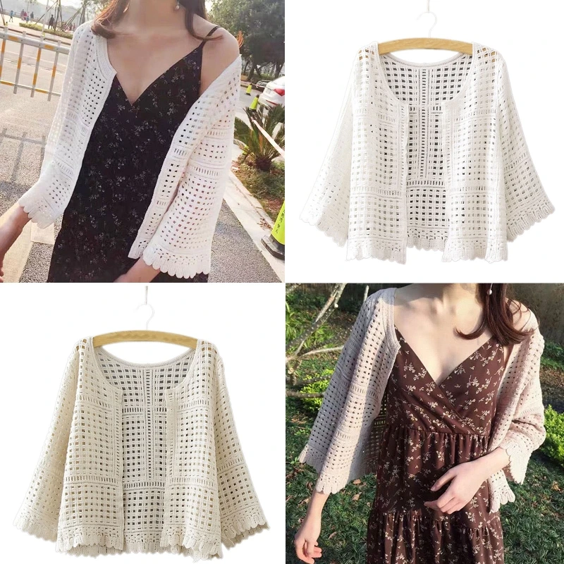 

Women Flare 3/4 Sleeves Kimono Cardigan Hollow Out Crochet Knit Plaid Lace Cropped for JACKET for Sun for Protection Bea