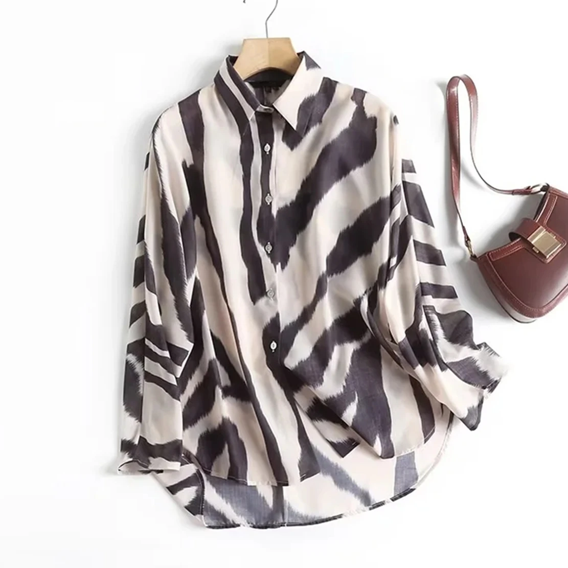 

Elmsk England Stye Printing Vintage Shirt Fashion Geometric Zebra Casual Loose Blouse Women Tops