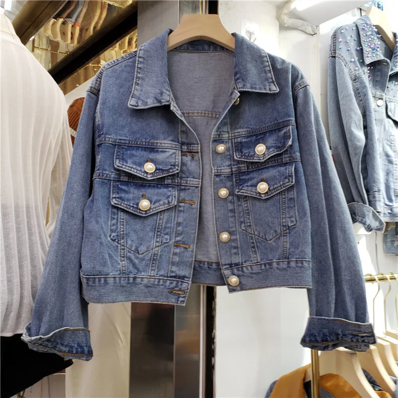 

Spring New Vintage Wash Blue Denim Jackets Women Loose Short Outerwear Harajuku Big Pocket Long Sleeve Jeans Jacket Coat Female