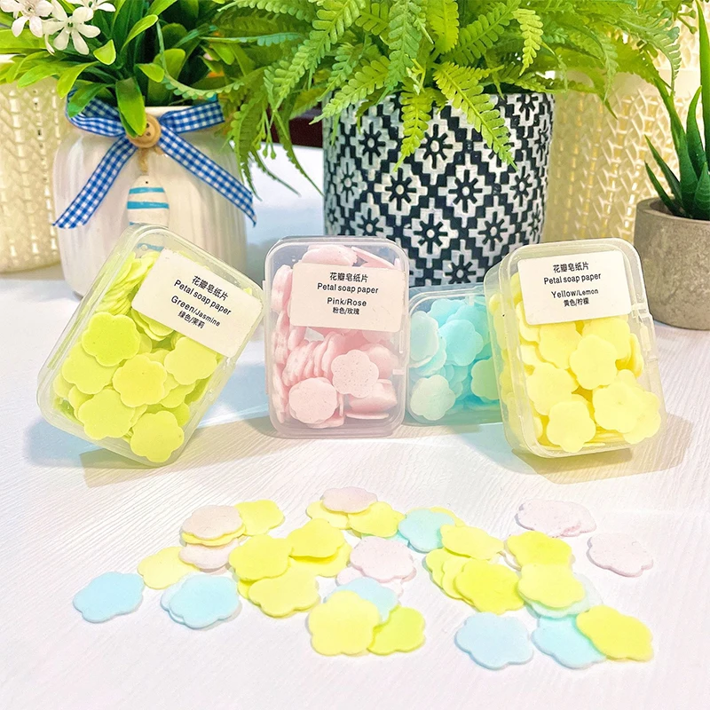 

100Pcs/Box Disposable Cute Mini Flower Shape Paper Soap with Box Hand-washing Soap Paper Flakes Handwashing Soap