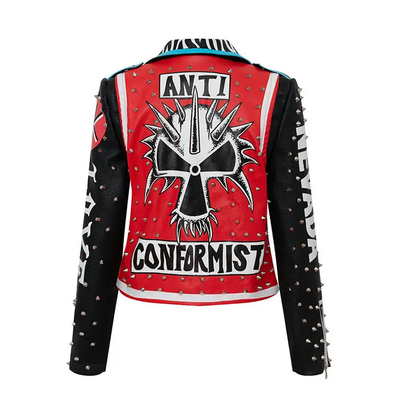 Ladies Spring and Autumn New Hot Selling Street Hip Hop Rock Skull Graffiti Print Colorblock Rivet Leather Jacket Foreign Trade